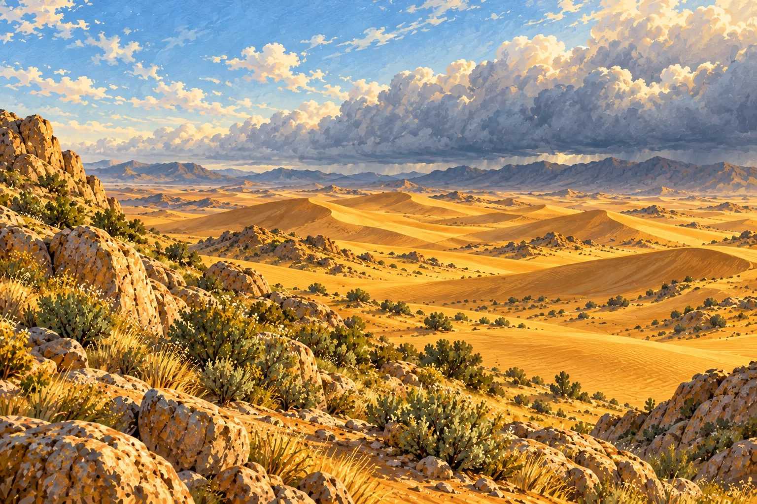 تلال رملية ووادي بعيد تحت سحاب يقترب؛ رسم توضيحي بلا أشخاص.